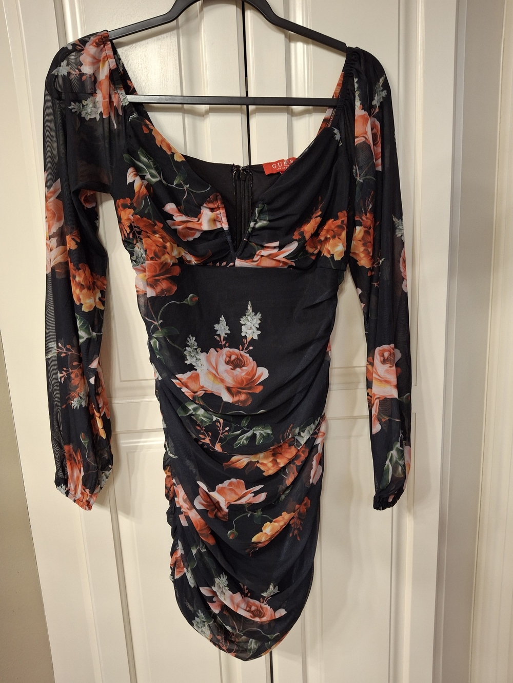 Guess Black Floral Long-Sleeve Ruched Mini Dress